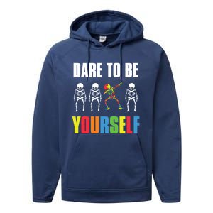 Dare To Be Yourself Dabbing Skeleton Autism Awareness Gift Performance Fleece Hoodie