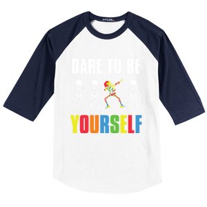 Dare To Be Yourself Dabbing Skeleton Autism Awareness Gift Baseball Sleeve Shirt