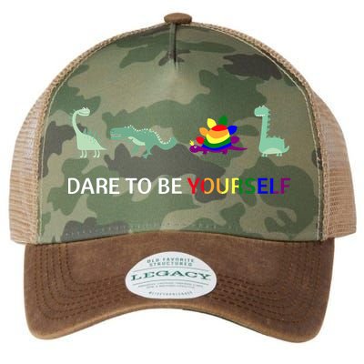 Dare To Be Yourself Cute Dinosaur Rainbow Pride Legacy Tie Dye Trucker Hat