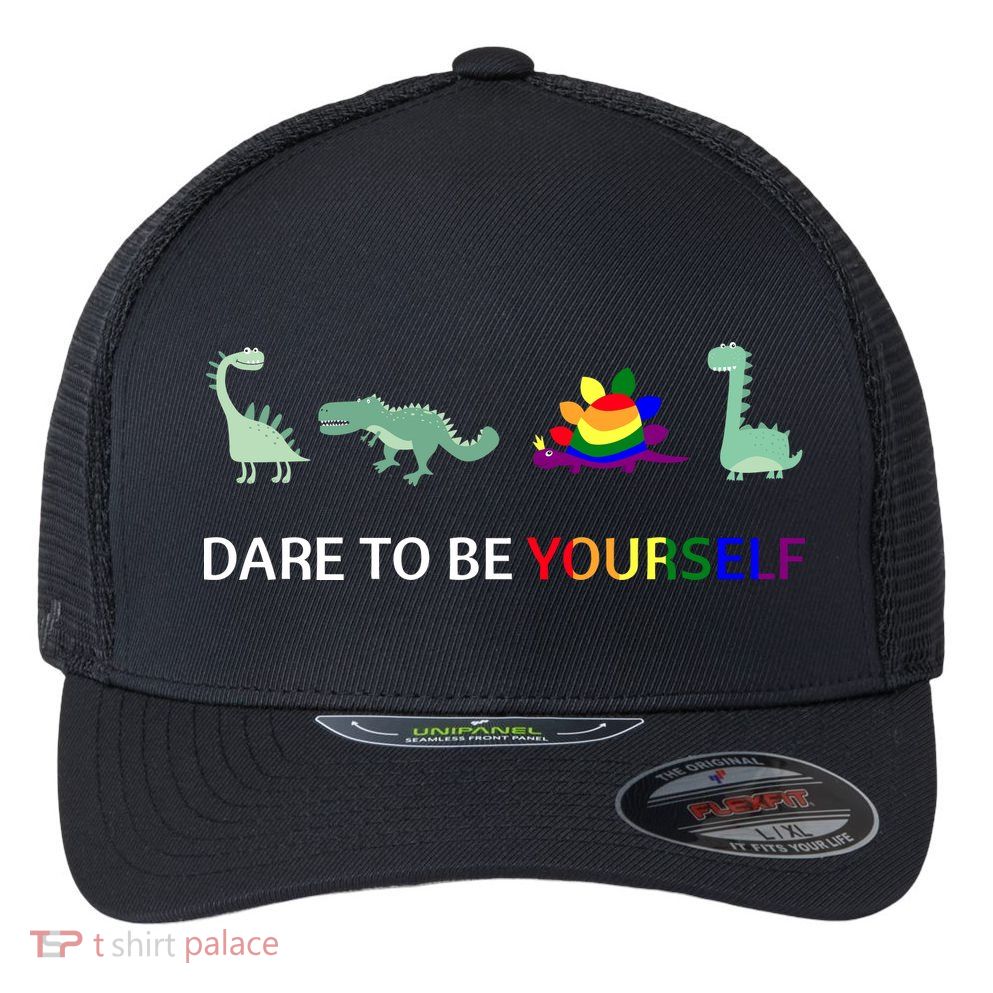 Dare To Be Yourself Cute Dinosaur Rainbow Pride Flexfit Unipanel Trucker Cap