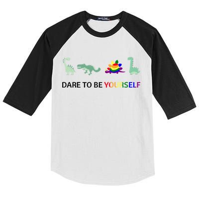 Dare To Be Yourself Cute Dinosaur Rainbow Pride Kids Colorblock Raglan Jersey