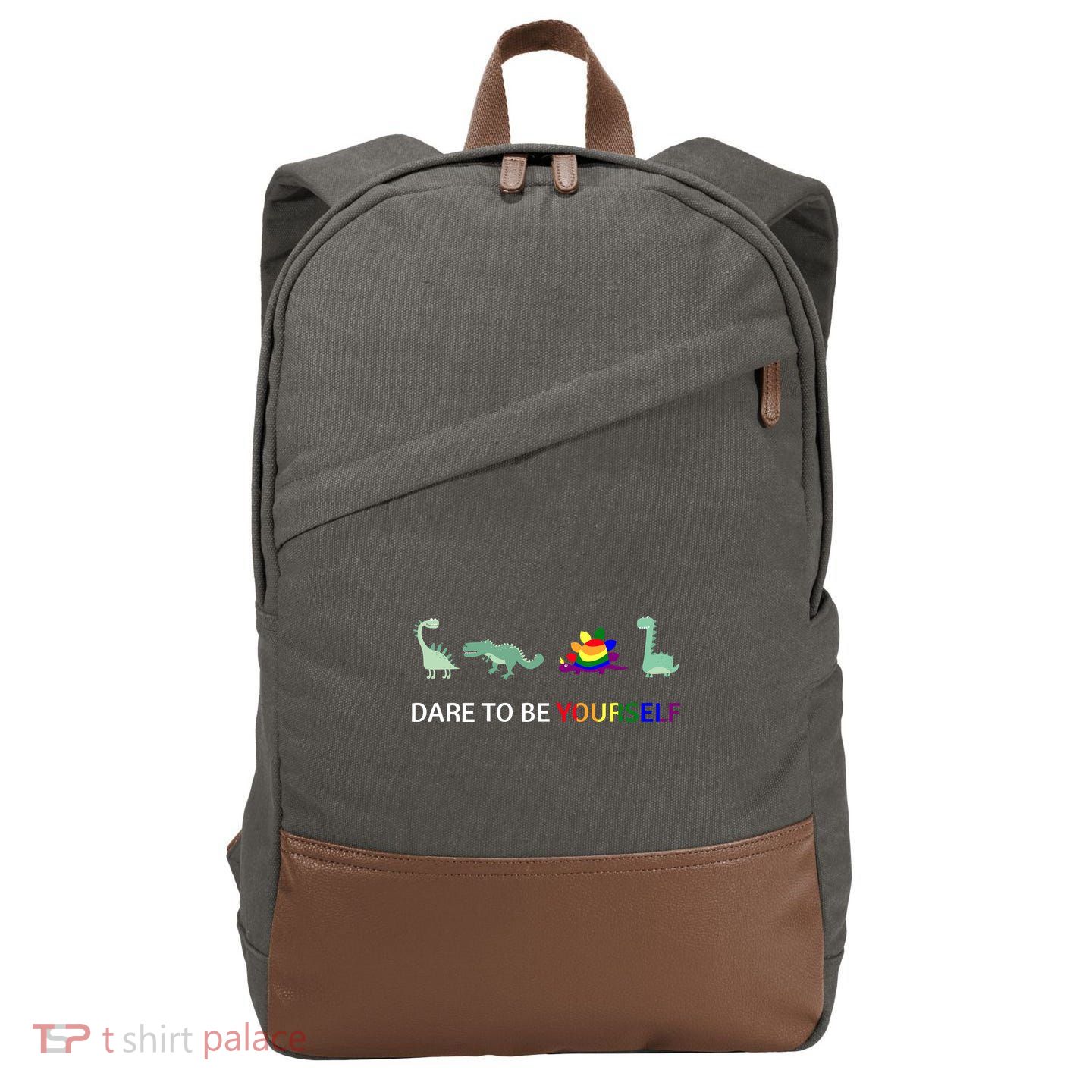 Dare To Be Yourself Cute Dinosaur Rainbow Pride Cotton Canvas Backpack