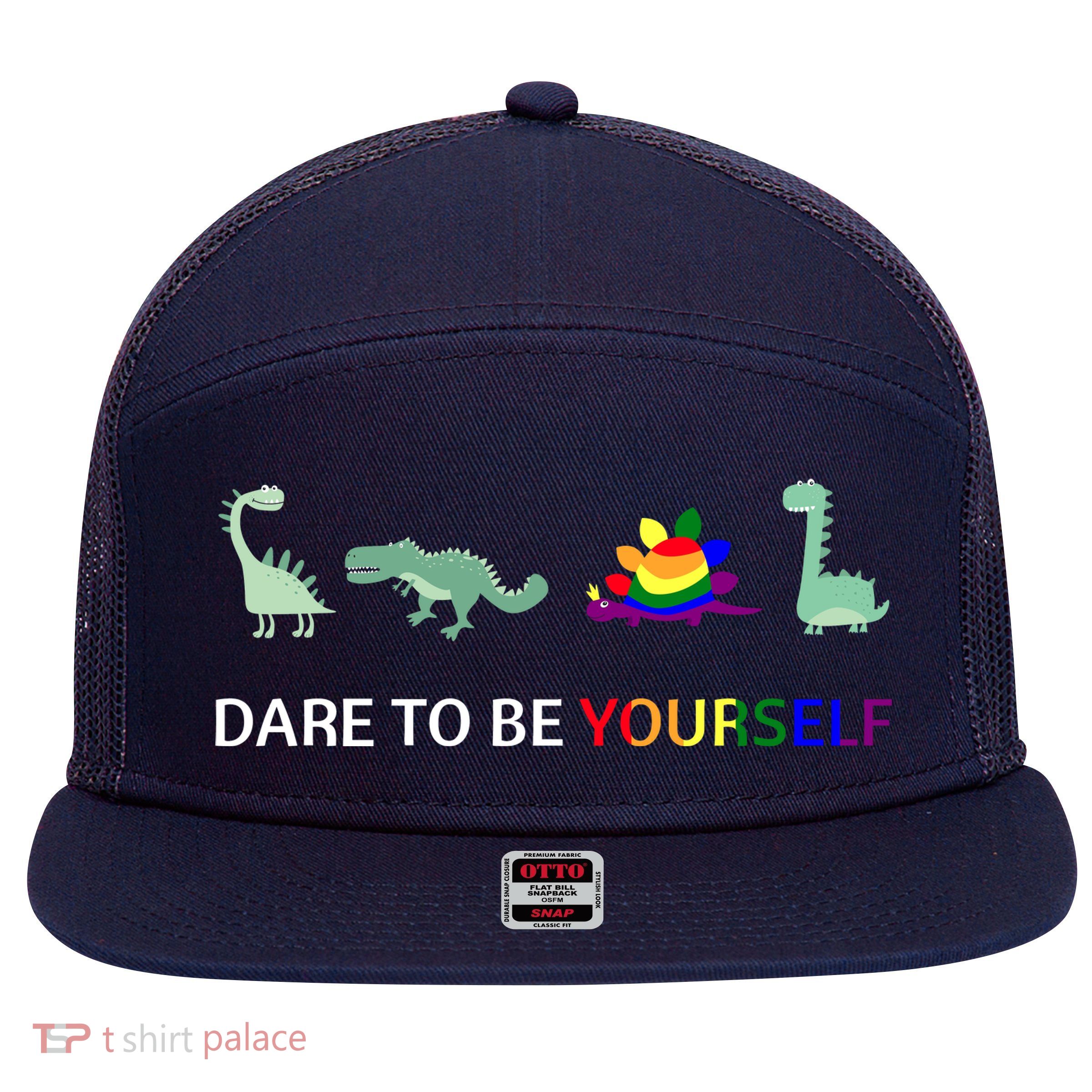 Dare To Be Yourself Cute Dinosaur Rainbow Pride 7 Panel Mesh Trucker Snapback Hat