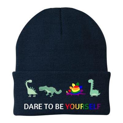 Dare To Be Yourself Cute Dinosaur Rainbow Pride Beanie