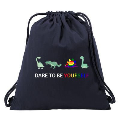 Dare To Be Yourself Cute Dinosaur Rainbow Pride Drawstring Bag
