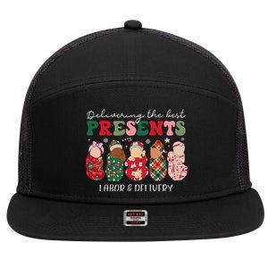 Delivering The Best Presents Labor Delivery Nurse Christmas 7 Panel Mesh Trucker Snapback Hat