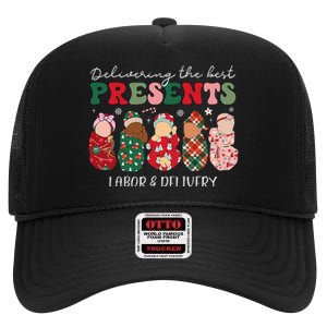 Delivering The Best Presents Labor Delivery Nurse Christmas High Crown Mesh Back Trucker Hat