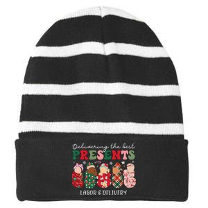 Delivering The Best Presents Labor Delivery Nurse Christmas Striped Beanie with Solid Band