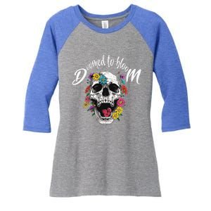 Doomed to Bloom Skull and Flowers Sobriety Women's Tri-Blend 3/4-Sleeve Raglan Shirt