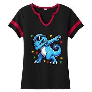 Dabbing Trex Blue Dinosaur Autism Awareness Month Funny Gift Ladies Halftime Notch Neck Tee