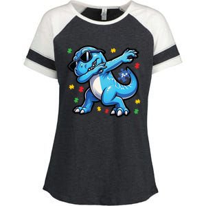 Dabbing Trex Blue Dinosaur Autism Awareness Month Funny Gift Enza Ladies Jersey Colorblock Tee