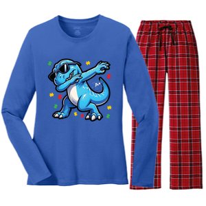 Dabbing Trex Blue Dinosaur Autism Awareness Month Funny Gift Women's Long Sleeve Flannel Pajama Set 