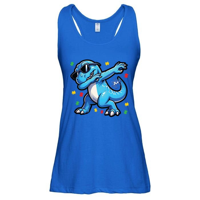 Dabbing Trex Blue Dinosaur Autism Awareness Month Funny Gift Ladies Essential Flowy Tank