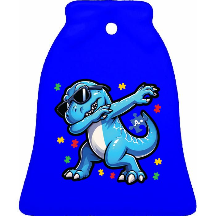 Dabbing Trex Blue Dinosaur Autism Awareness Month Funny Gift Ceramic Bell Ornament