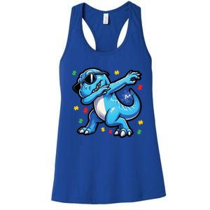 Dabbing Trex Blue Dinosaur Autism Awareness Month Funny Gift Women's Racerback Tank