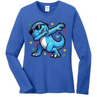 Dabbing Trex Blue Dinosaur Autism Awareness Month Funny Gift Ladies Long Sleeve Shirt