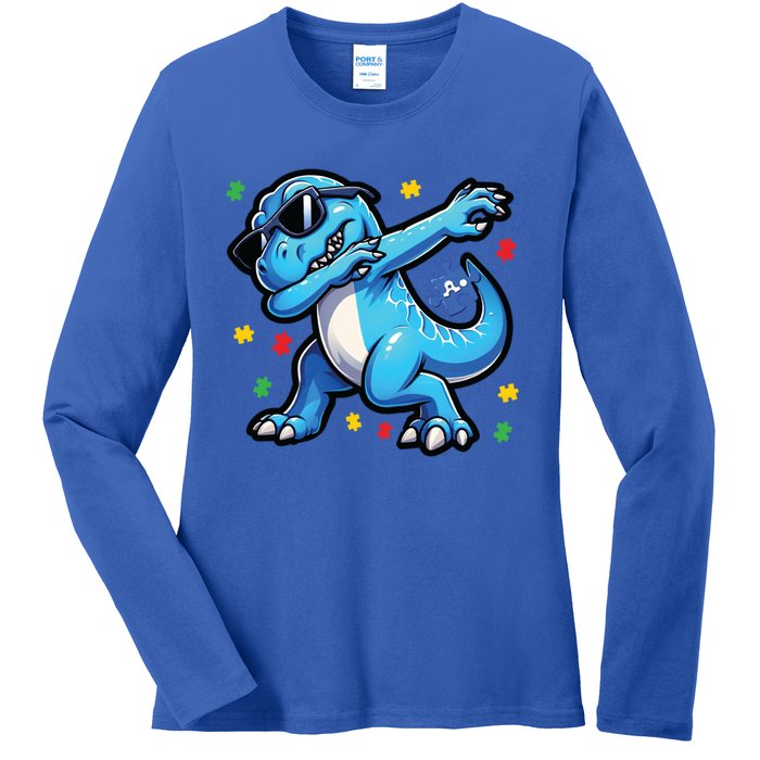 Dabbing Trex Blue Dinosaur Autism Awareness Month Funny Gift Ladies Long Sleeve Shirt