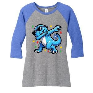 Dabbing Trex Blue Dinosaur Autism Awareness Month Funny Gift Women's Tri-Blend 3/4-Sleeve Raglan Shirt