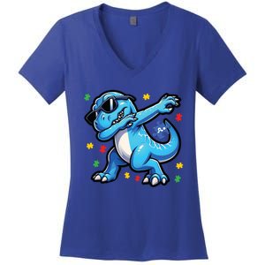 Dabbing Trex Blue Dinosaur Autism Awareness Month Funny Gift Women's V-Neck T-Shirt