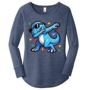 Dabbing Trex Blue Dinosaur Autism Awareness Month Funny Gift Women's Perfect Tri Tunic Long Sleeve Shirt