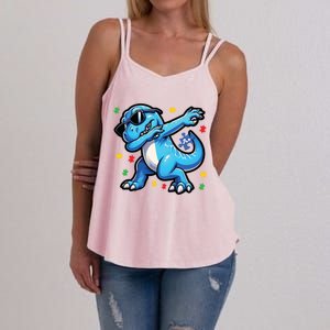 Dabbing Trex Blue Dinosaur Autism Awareness Month Funny Gift Women's Strappy Tank