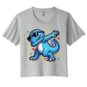 Dabbing Trex Blue Dinosaur Autism Awareness Month Funny Gift Women's Crop Top Tee