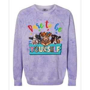 Dare To Be Yourself Autism Awareness Highland Cow Print Gift Colorblast Crewneck Sweatshirt