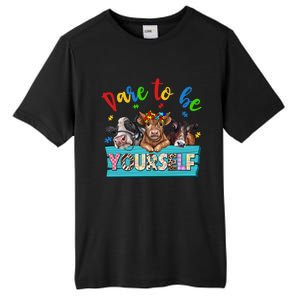 Dare To Be Yourself Autism Awareness Highland Cow Print Gift Tall Fusion ChromaSoft Performance T-Shirt