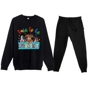 Dare To Be Yourself Autism Awareness Highland Cow Print Gift Premium Crewneck Sweatsuit Set