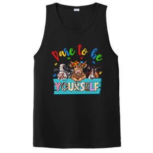 Dare To Be Yourself Autism Awareness Highland Cow Print Gift PosiCharge Competitor Tank