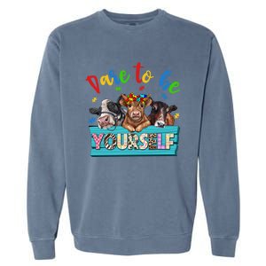 Dare To Be Yourself Autism Awareness Highland Cow Print Gift Garment-Dyed Sweatshirt