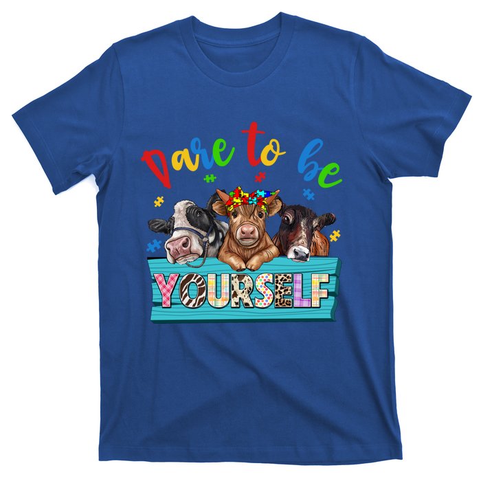 Dare To Be Yourself Autism Awareness Highland Cow Print Gift T-Shirt