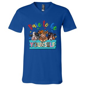 Dare To Be Yourself Autism Awareness Highland Cow Print Gift V-Neck T-Shirt