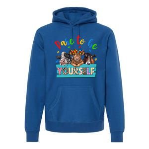 Dare To Be Yourself Autism Awareness Highland Cow Print Gift Premium Hoodie