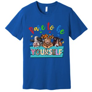 Dare To Be Yourself Autism Awareness Highland Cow Print Gift Premium T-Shirt