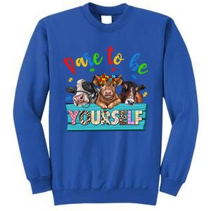 Dare To Be Yourself Autism Awareness Highland Cow Print Gift Tall Sweatshirt