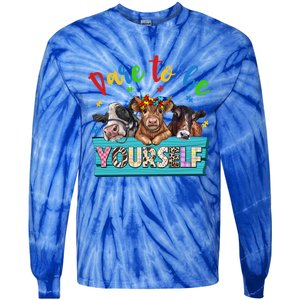 Dare To Be Yourself Autism Awareness Highland Cow Print Gift Tie-Dye Long Sleeve Shirt