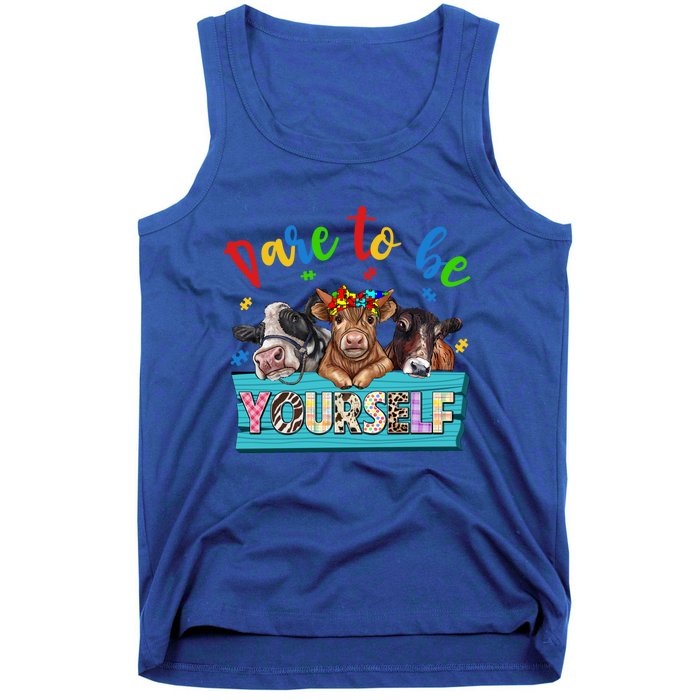 Dare To Be Yourself Autism Awareness Highland Cow Print Gift Tank Top