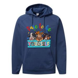 Dare To Be Yourself Autism Awareness Highland Cow Print Gift Performance Fleece Hoodie