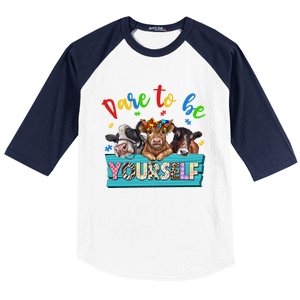 Dare To Be Yourself Autism Awareness Highland Cow Print Gift Baseball Sleeve Shirt