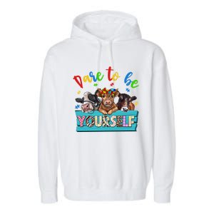 Dare To Be Yourself Autism Awareness Highland Cow Print Gift Garment-Dyed Fleece Hoodie