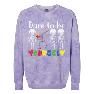 Dare To Be Your Self Dabbing Skeleton Autism Awareness Funny Gift Colorblast Crewneck Sweatshirt