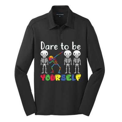 Dare To Be Your Self Dabbing Skeleton Autism Awareness Funny Gift Silk Touch Performance Long Sleeve Polo