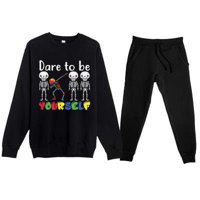 Dare To Be Your Self Dabbing Skeleton Autism Awareness Funny Gift Premium Crewneck Sweatsuit Set