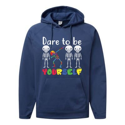 Dare To Be Your Self Dabbing Skeleton Autism Awareness Funny Gift Performance Fleece Hoodie