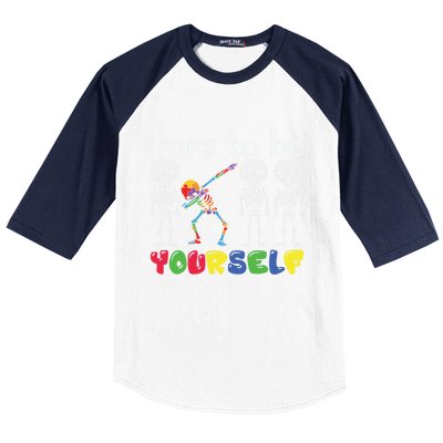 Dare To Be Your Self Dabbing Skeleton Autism Awareness Funny Gift Baseball Sleeve Shirt