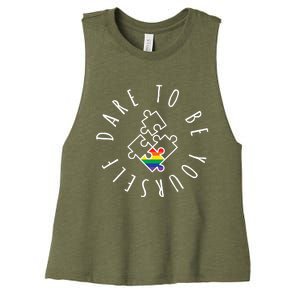 Dare To Be Yourself Rainbow Puzzle Lgbt Pride Cool Gift Women's Racerback Cropped Tank