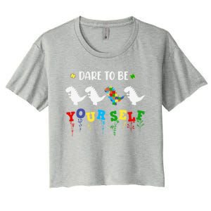 Dare To Be Yourself Autism Awareness Dinosaur Puzzle 2023 Gift Women's Crop Top Tee