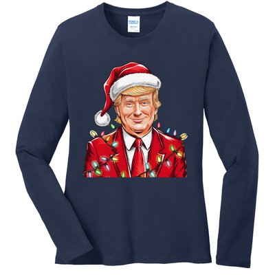 Donald Trump Christmas Funny Maga Santa Hat Ladies Long Sleeve Shirt