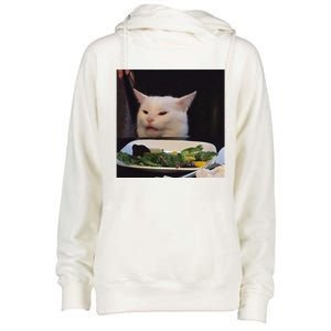 Dinner Table Cat Meme Funny Internet Yelling Confused Gift Womens Funnel Neck Pullover Hood